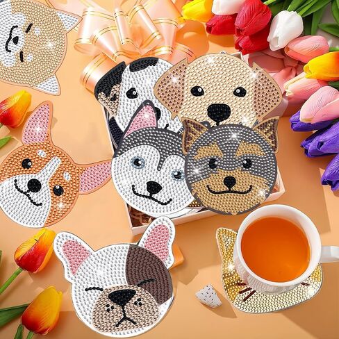 FJEOLEN 8 Pcs Dog Shaped Diamond Painting Coasters, DIY Dog Diamond Art Coasters with Holder, Pet Painting Kits, Art Craft Supplies for Beginners Adults in Kuwait