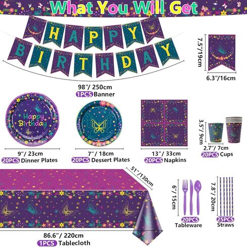 166 Pcs Butterfly Birthday Decorations - Including Butterfly Paper Plates, Napkins, Cups, Tablecloth and Straws for Fairy Birthday Decorations Butterfly Birthday Party Supplies, Serve 20 in Kuwait