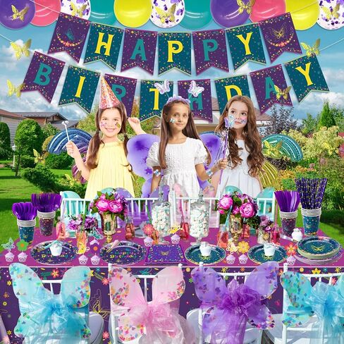 166 Pcs Butterfly Birthday Decorations - Including Butterfly Paper Plates, Napkins, Cups, Tablecloth and Straws for Fairy Birthday Decorations Butterfly Birthday Party Supplies, Serve 20 in Kuwait