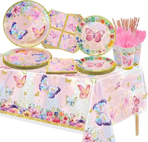 166 Pcs Butterfly Birthday Decorations - Including Butterfly Paper Plates, Napkins, Cups, Tablecloth and Straws for Fairy Birthday Decorations Butterfly Birthday Party Supplies, Serve 20 in Kuwait