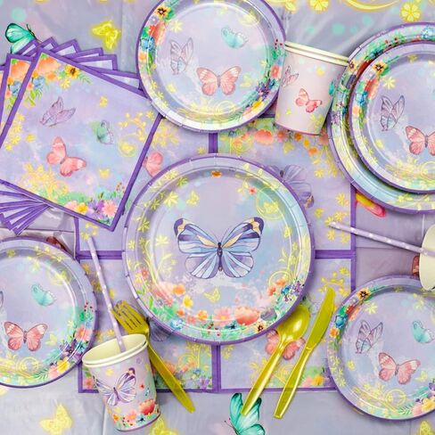 166 Pcs Butterfly Birthday Decorations - Including Butterfly Paper Plates, Napkins, Cups, Tablecloth and Straws for Fairy Birthday Decorations Butterfly Birthday Party Supplies, Serve 20 in Kuwait