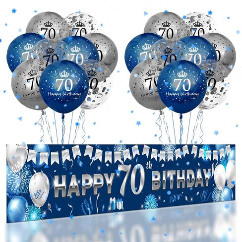 70th Happy Birthday Yard Banner - Blue Silver 18-Piece Birthday Balloons Birthday Sign Yard Banner with Latex Balloons for Birthday Party Supplies Fence Yard Sign Photo Background in Saudi Arabia