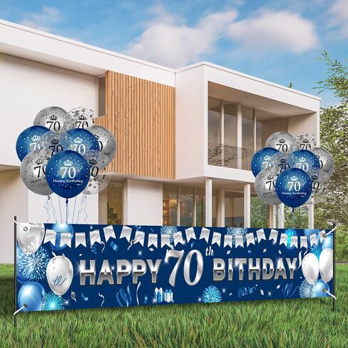 70th Happy Birthday Yard Banner - Blue Silver 18-Piece Birthday Balloons Birthday Sign Yard Banner with Latex Balloons for Birthday Party Supplies Fence Yard Sign Photo Background in Saudi Arabia