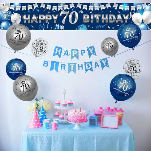 70th Happy Birthday Yard Banner - Blue Silver 18-Piece Birthday Balloons Birthday Sign Yard Banner with Latex Balloons for Birthday Party Supplies Fence Yard Sign Photo Background in Saudi Arabia