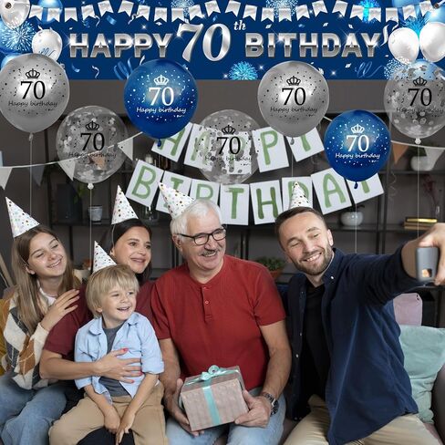 70th Happy Birthday Yard Banner - Blue Silver 18-Piece Birthday Balloons Birthday Sign Yard Banner with Latex Balloons for Birthday Party Supplies Fence Yard Sign Photo Background in Saudi Arabia