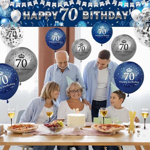70th Happy Birthday Yard Banner - Blue Silver 18-Piece Birthday Balloons Birthday Sign Yard Banner with Latex Balloons for Birthday Party Supplies Fence Yard Sign Photo Background in Saudi Arabia