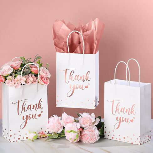 Tinlade 50 Pcs Thank You Gift Bags Bulk Paper Thank You Wedding Bags with Handle for Business, Shopping, Wedding, Baby Shower, Party Favors(Gold Stamp,Rose Gold) in Saudi Arabia