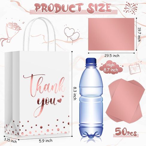 Tinlade 50 Pcs Thank You Gift Bags Bulk Paper Thank You Wedding Bags with Handle for Business, Shopping, Wedding, Baby Shower, Party Favors(Gold Stamp,Rose Gold) in Saudi Arabia