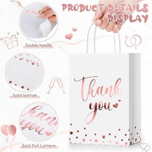 Tinlade 50 Pcs Thank You Gift Bags Bulk Paper Thank You Wedding Bags with Handle for Business, Shopping, Wedding, Baby Shower, Party Favors(Gold Stamp,Rose Gold) in Saudi Arabia