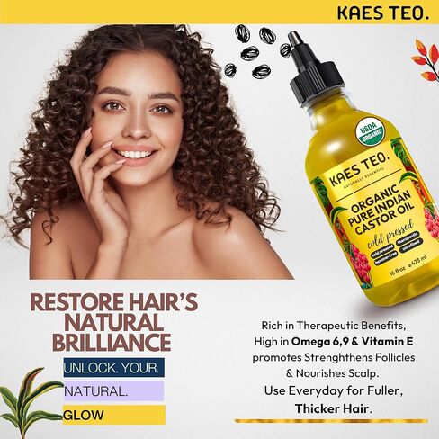 Organic Castor Oil for Eyelashes, Eyebrows, Skin Care, Nail Care, Scalp Treatment, Castor Oil Packs, Hair Growth Oil, Cold-Pressed, USDA Certified, Hexane-Free (2 Fl Oz, Original) in Kuwait