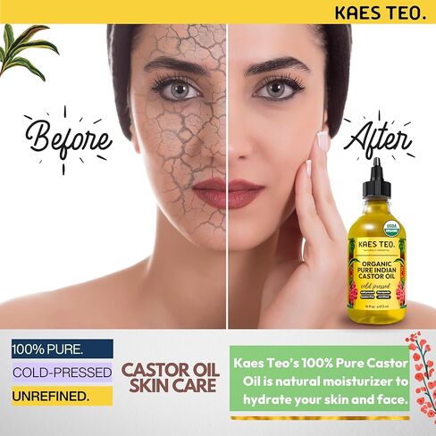 Organic Castor Oil for Eyelashes, Eyebrows, Skin Care, Nail Care, Scalp Treatment, Castor Oil Packs, Hair Growth Oil, Cold-Pressed, USDA Certified, Hexane-Free (2 Fl Oz, Original) in Kuwait