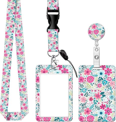 Badge Holder with Retractable Badge Reel Carabiner Clip and Detachable Lanyard Strap Hard Vertical Card Protector for Women Nurse Teacher Student Small Colorful Flower in Kuwait