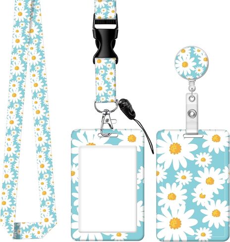 Badge Holder with Retractable Badge Reel Carabiner Clip and Detachable Lanyard Strap Hard Vertical Card Protector for Women Nurse Teacher Student Small Colorful Flower in Kuwait