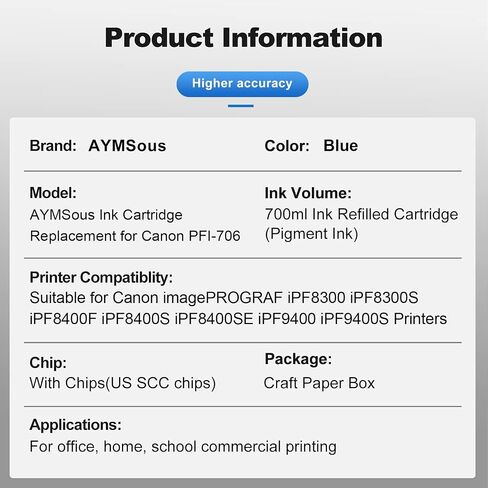 استبدال خرطوشة حبر الصباغ المتوافقة مع Canon PFI-706 PFI-706GY لـ Canon ImagePrograf IPF8300 IPF8300S IPF8400F IPF8400S IPF8400SE IPF9400 IPF9400S (700ML GRAY PUIMMENT) in Kuwait