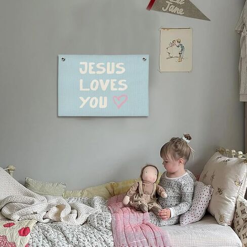 Bible Verse Wall Decor, Christian Nursery Room Decor Kids, Jesus Room Decor, Jesus Love You Blue Christian Wall Hanging Linen Banner, 20x30 Inch in Kuwait