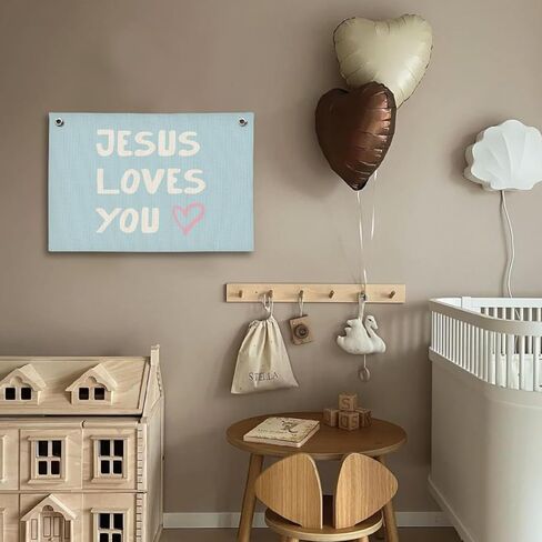 Bible Verse Wall Decor, Christian Nursery Room Decor Kids, Jesus Room Decor, Jesus Love You Blue Christian Wall Hanging Linen Banner, 20x30 Inch in Kuwait