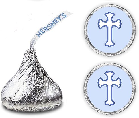 216 Blue Cross Kisses Stickers Labels - Cross for Baptism, Christening Decorations, Communion or Baby Shower, Kisses Labels Favors (Blue) Made in USA in Saudi Arabia