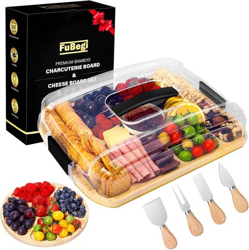 Portable Charcuterie Board with Lid for Travel, Bamboo Charcuterie Cheese Board with Cover Compartments, To Go Charcuterie Box Serving Tray Board Set with Clear Locking Lid for Party Picnic Meat Snack in Saudi Arabia