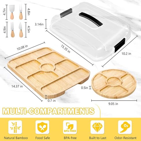 Portable Charcuterie Board with Lid for Travel, Bamboo Charcuterie Cheese Board with Cover Compartments, To Go Charcuterie Box Serving Tray Board Set with Clear Locking Lid for Party Picnic Meat Snack in Saudi Arabia