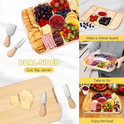 Portable Charcuterie Board with Lid for Travel, Bamboo Charcuterie Cheese Board with Cover Compartments, To Go Charcuterie Box Serving Tray Board Set with Clear Locking Lid for Party Picnic Meat Snack in Saudi Arabia