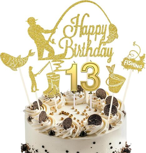 عيد ميلاد 13 شموع للكعكة ، والذهب غاية كعكة الصيد أعلى ، وعيد ميلاد سعيد 13th كب كيك القبعات ، وزينة كعكة الصيد ، وصيد الأسماك لحفلات الحفلات للأولاد 13 سنة in Kuwait