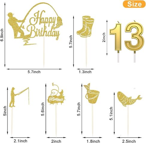 عيد ميلاد 13 شموع للكعكة ، والذهب غاية كعكة الصيد أعلى ، وعيد ميلاد سعيد 13th كب كيك القبعات ، وزينة كعكة الصيد ، وصيد الأسماك لحفلات الحفلات للأولاد 13 سنة in Kuwait