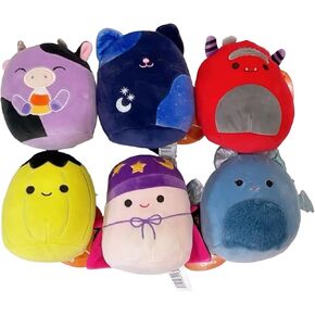 Squishmlows 5 Inch 2024 Halloween Squad A - مجموعة من 6 (الفطر ، البقرة ، القط ، الوحش ، اليقطين ، الخفافيش)