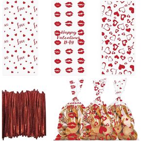 Hying 150 PCS Happy Valentine's Day Cellophane Bags with Twist Ties for Gifts, Love Heart Kiss Cello Treat Bages Valentines Treat Bags for Cookie Candy Goodies Wrapping Supplies