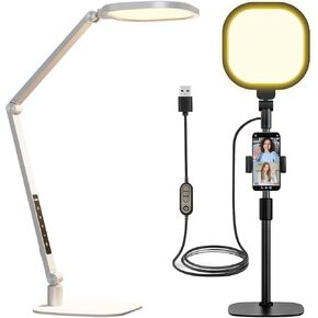 1 Pack White LED Desk Lamp and 1 Pack Video Conference Lighting, 3 Color 10 Brightness Levels for Ideal Lighting, Remote, Memory & Timer