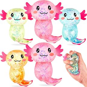 Sensory Fidget Stress Relief Axolotl Squeeze 3.94 x 3.15 Inches Cute Malt Sugar Filled Stretchy Axolotl Fun Squeeze for Adults Soothing Birthday Party Gift, 4 Styles(6 Pcs,Glitter)