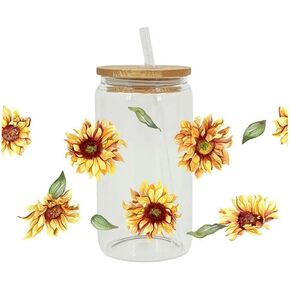 زهور عباد الشمس الأشعة فوق البنفسجية DTF Cup Wrap ، DIY Fall Fall Autumn موضوع زهرة فرك على نقل الكؤوس الزجاج