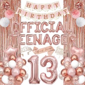 13th Birthday Party Decorations for Girls, Rose Gold Official Teenager Foil Balloons 13th Birthday Banner Fringe Curtain Crown Sash Paper Pompoms Cake Topper for 13 Year Old Girls Party Favor Supplies