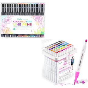 Ohuhu الملونة Fineliner الأقلام 11 الأقلام الملونة و 7 بونت بايونت أسود أقلام علامات الكحول 48 ألوان الفرش