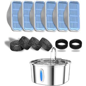 Stainless Steel Cat Water Fountain with 6 Pack Replacement Filters and Pre-Filter Sponges for 3.2L/108oz Pet Water Fountain with Water Level Window