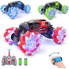 Powerextra LED Gesture RC Car - 4WD 2.4 جيجا هرتز مركبة استشعار عن بعد ، 360 من الوجهين ، تحويل حيلة على الطريق مع الأضواء والرقص ، الأزرق + الأخضر + الأحمر