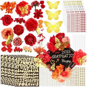 تخرج تخرج Cap Decorations DIY Grad Cap Decoration ، مجموعة ملحقات CADUTION CAP شملت Faux Flowers 3D Butterfly Stickers Rhinestons Plitter Stefts for Hat Topper DIY Decoration