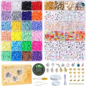 FZIIVQU 7200 Pcs Clay Beads 2 Boxes Friendship Bracelet Making Kit 24 Colors Letter Beads Flat Disc Heishi Clay Beads for Jewelry Making Preppy Set with Number Beads Glow