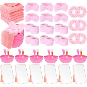 Honeydak 6 Set Spa Party Supplies for Women Pink Facial Mask Bowl Set Spatula Brush Silicone Brush Mirror Headband Wristband Scrunchies Towel for Wedding Spa Sleepover Birthday Party