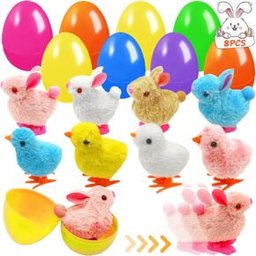 Misf 8pcs prefilited stuffers easter ege egge ، حشو بيض عيد الفصح معبأة مع Wind Up Plush 4pcs Bunny و 4 pcs ، وملحقات سلة البلاستيك المملوءة ، تفضل الحفاظ على الهدايا المتعة للأطفال