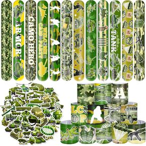 74 PCS Army Party Party Favors ، 24 PCS Camo Slap Bracelets 50 PCS Army Army Stickers Army Birthday Decoritations Decorities Higds for Kids Classroom Rewards
