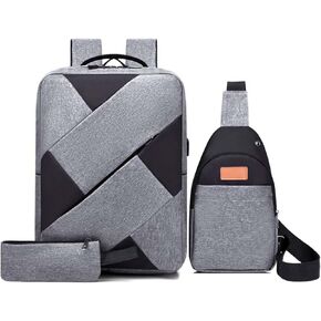 3-Piece Laptop Backpack Set, 15.6-Inch for Men & Women, Water-Repellent, Durable, Lightweight, Sleek & Clean Design, Ideal for Travel & Business Casual, Gray