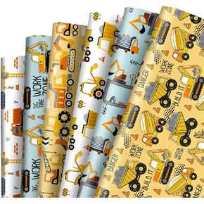 AnyDesign 12 Sheets Construction Wrapping Paper Truck Tractor Gift Wrap Paper Bulk Folded Flat 6 Designs Cartoon DIY Craft Art Paper for Birthday Holiday Party Supplies, 19.7 x 27.6 Inch