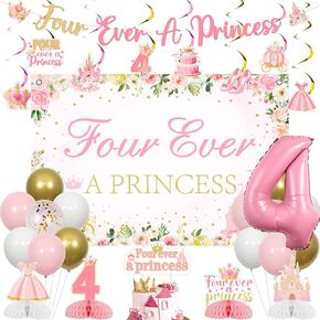 Sursurprise Princess 4th Birthday Party Decorations, Four Ever A Princess Backdrop Banner, Hanging Swirls, Cake Topper, Honeycomb Centerpieces, Number 4 Balloon, 4 Year Old Birthday Party Supplies