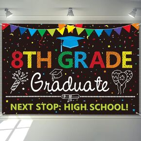 8th Grade Graduation Decorations 2025 Banner 72" x 48" 8th Grade Graduate Next Stop High School Photography Congrats Grad Decor Background for Indoor Outdoor Garden,Yard,Party Home Decor