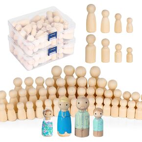 100 Pack Wooden Peg People, Assorted Size Wooden Peg Dolls with Storage Case, Unfinished Wood People Figures for Craft Art Projects and Decoration(1.3 to 2.56 Inch)