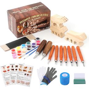 Wood Carving Kit Forest Animals Wood Whittling Kit for Beginners Adults Kids,Wood Carving Tools Set with Whittling Knife and K2 Carbon Steel Wood Carving Knife and 5Pcs Big Basswood Wood Blocks