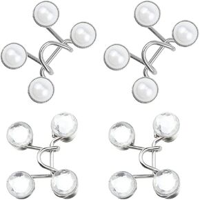 4 Sets Gem/Pearl Adjustable Nail Free Waist Buckles, Metal Button Pin for Pants/Jeans No Sewing
