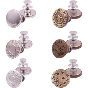 6Pcs Instant Buttons Adjustable Jean Button No Sew Metal Button Adds Or Reduces an Inch to Any Pants Waist in Seconds（Z056）