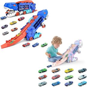 حزمة من لعبة Trace Toy و 12 سباقًا ، تتحول إلى Doding Dinosaur مع Race Track City Ultimate Transporter مع 8 سيارات و 12 حزمة Mini Diecast Race Car Toys
