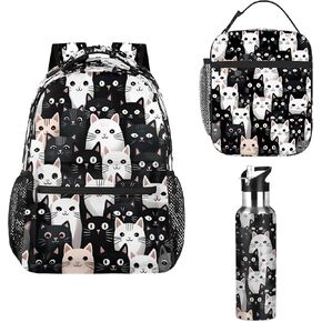 Backpack Set of 3 for Women Men Kids with Lunch Bag 20 oz Water Bottle Black White Cat Girls Boys Backpacks for School Work